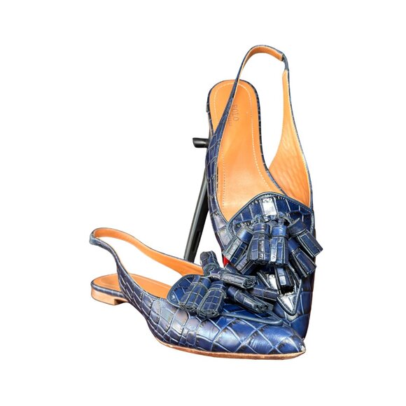 Polo Ralph Lauren Blue Croc Embossed Leather Tassel Slingback Flats 8 - Picture 3 of 6
